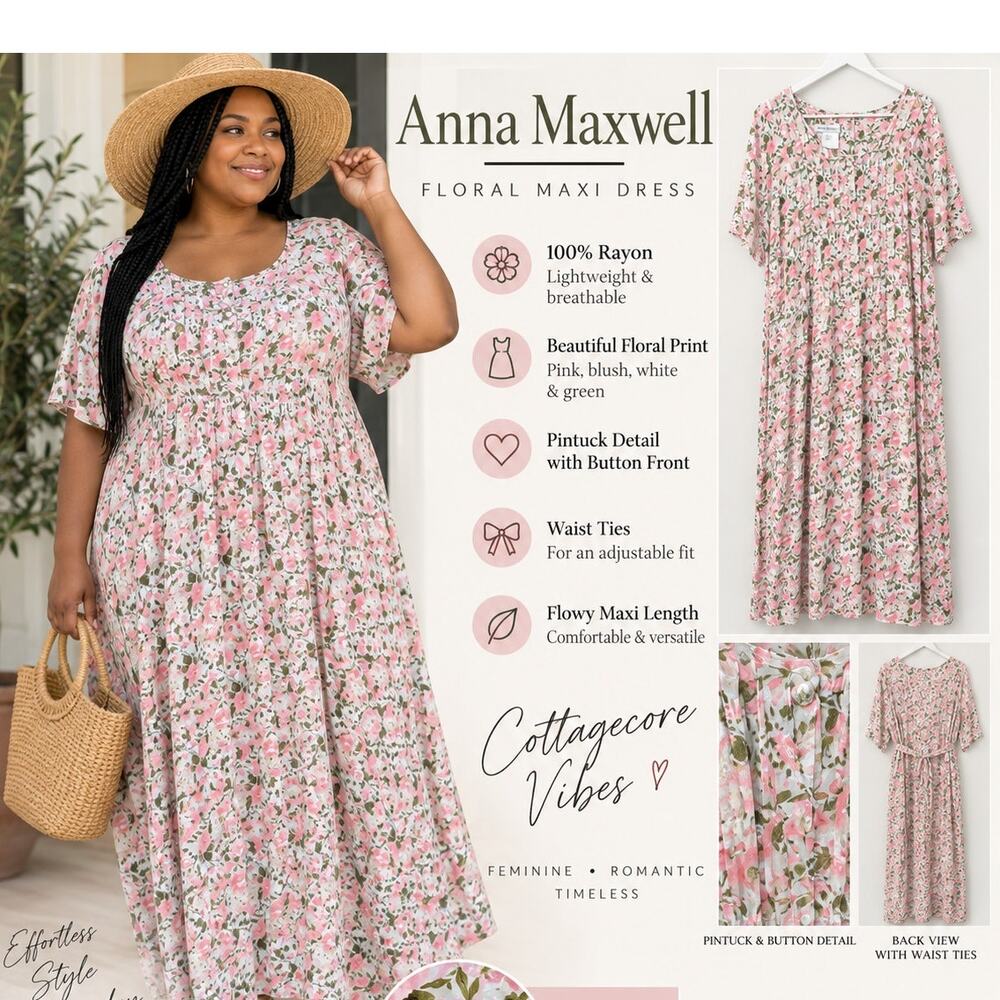Anna Maxwell 20W Pink Floral 100% Rayon Maxi Dress